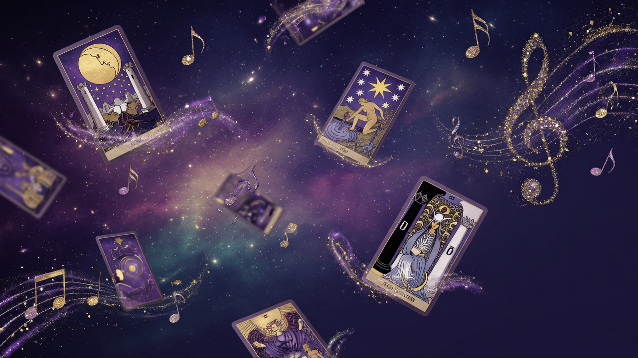 Tarot cards and music under quiet starlight